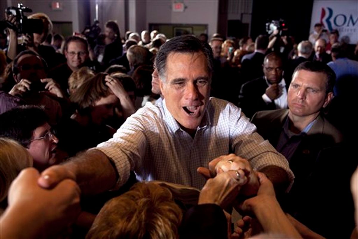 Republican presidential candidate, former Massachusetts Gov. Mitt Romney greets supporters during a campaign stop at an American Legion post in Arbutus, Md., Wednesday, March 21, 2012. (AP Photo/Steven Senne)      (AP)