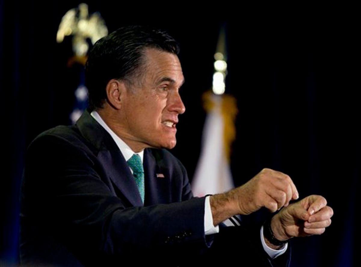 Republican presidential candidate, former Massachusetts Gov. Mitt Romney gestures during a campaign stop at NuVasive, Inc., a medical device company, Monday, March 26, 2012, in San Diego, Calif.. (AP Photo/Steven Senne)      (AP)