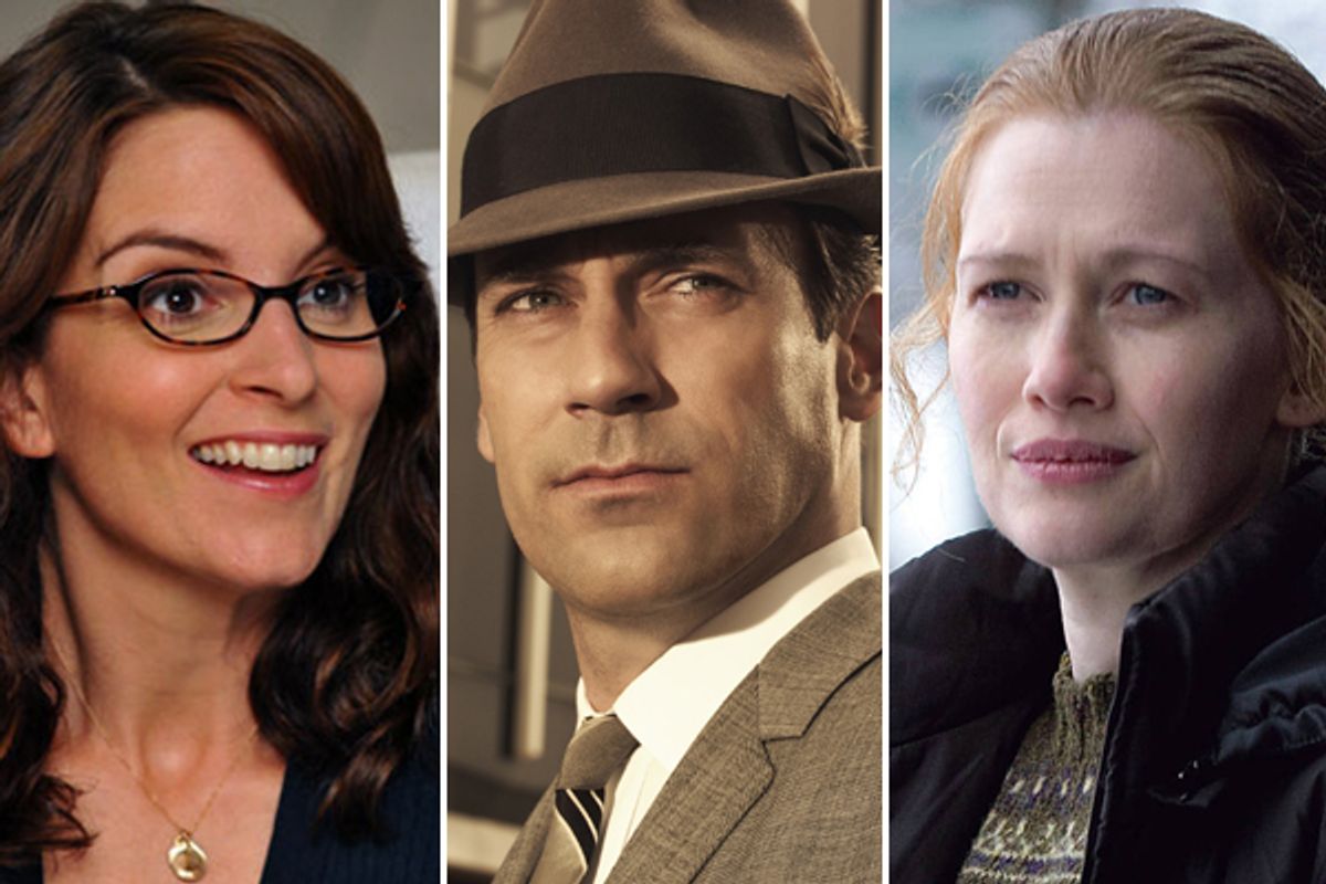 Tina Fey in "30 Rock," Jon Hamm in "Mad Men" and Mireille Enos in "The Killing"   