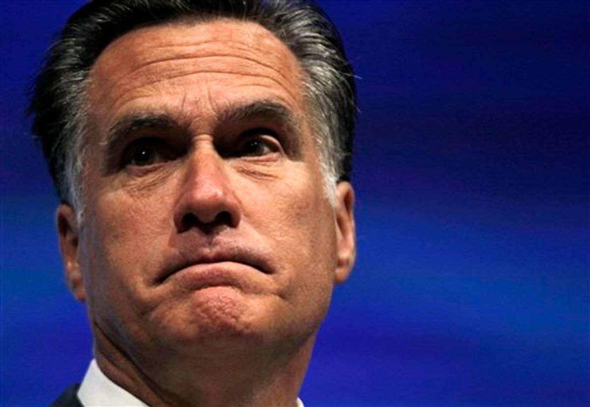 Republican presidential candidate, former Massachusetts Gov. Mitt Romney speaks at the National Rifle Association convention in St. Louis, Friday, April 13, 2012. (AP Photo/Michael Conroy)       (AP)