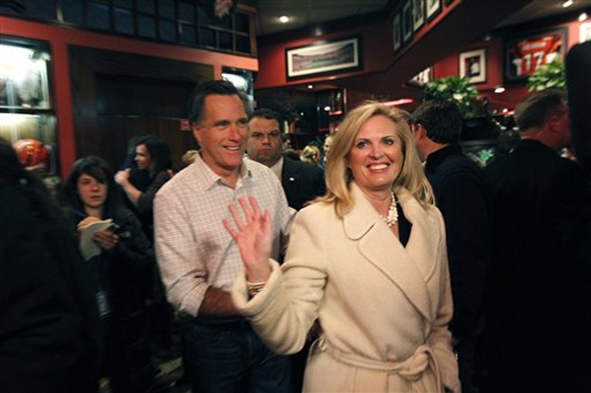 Republican presidential candidate, former Massachusetts Gov. Mitt Romney and his wife Ann greet patrons at the Montgomery Inn in Cincinnati, Ohio, Saturday, March 3, 2012. Mitt Romney stepped out to a solid lead over his Republican presidential rivals Saturday night in Washington state caucuses, a quiet prelude to 10 Super Tuesday contests next week in all regions of the country. (AP Photo/Gerald Herbert)            (AP)