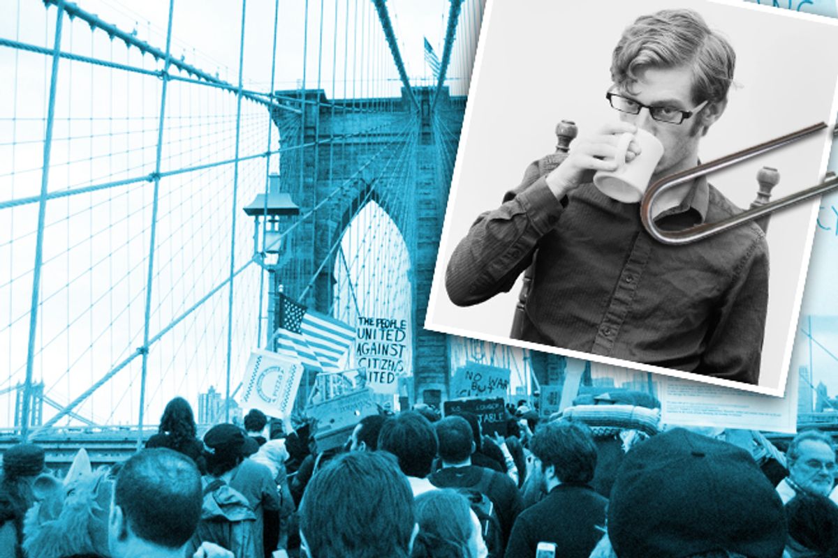 Malcolm Harris (inset) and Occupy Wall Street protesters on the Brooklyn Bridge.     (Sam Margevicius/AP/Daryl Lang)