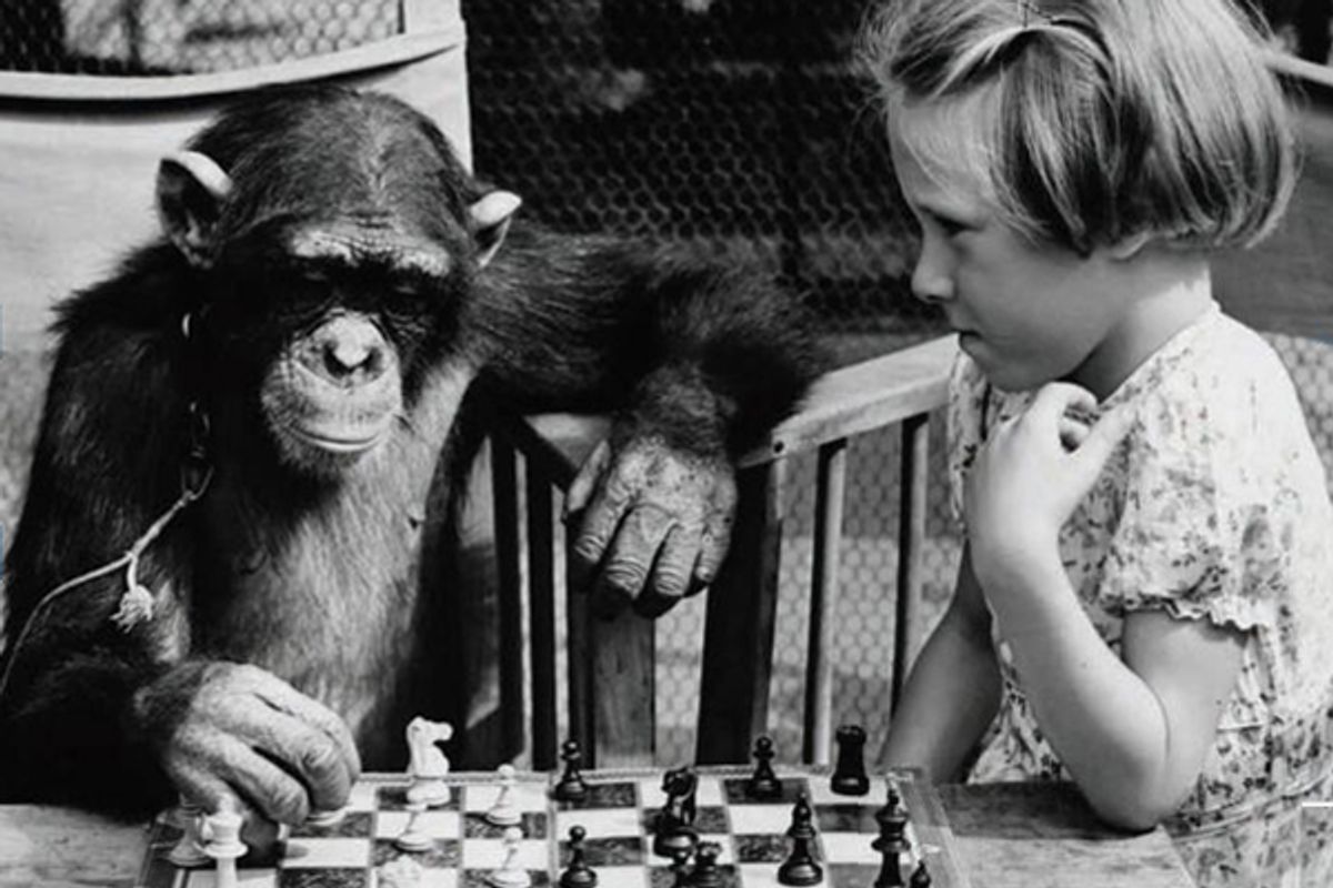 A detail from the cover of "Games Primates Play: An Undercover Investigation of the Evolution and Economics of Human Relationships"      