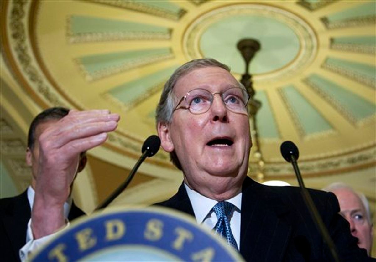 Senate Minority Leader Mitch McConnell of Ky. gestures during a news conference on Capitol Hill in Washington, Tuesday, March 13, 2012.            ((AP Photo/Manuel Balce Ceneta))