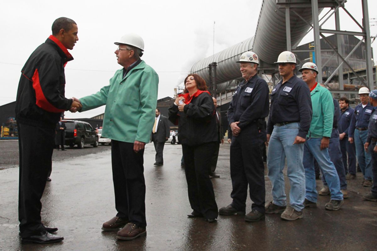 President Obama greets workers during a shift change at V&M Star in Youngstown, Ohio, in 2010.       (Reuters/Jason Reed)