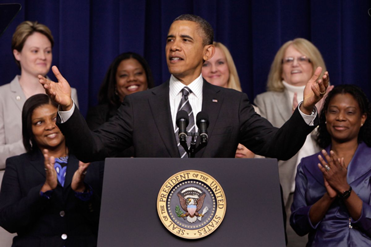 President Obama greets the audience at the White House Forum on Women and the Economy on Friday.          (Reuters/Yuri Gripas)