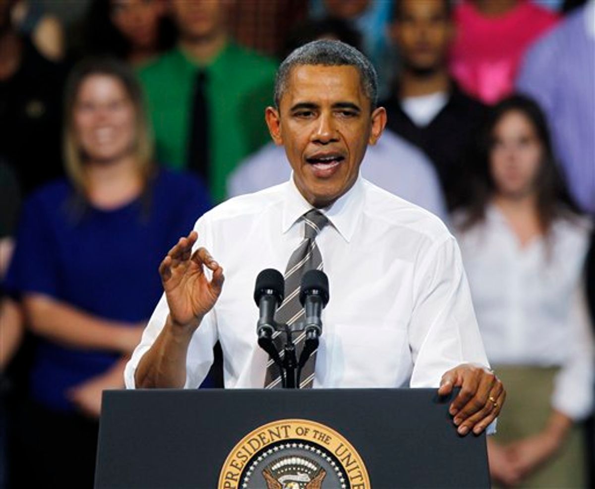 President Barack Obama addresses students at the University of Colorado Boulder in Boulder, Colo., on Tuesday, April 24, 2012. (AP Photo/Ed Andrieski)          (AP)