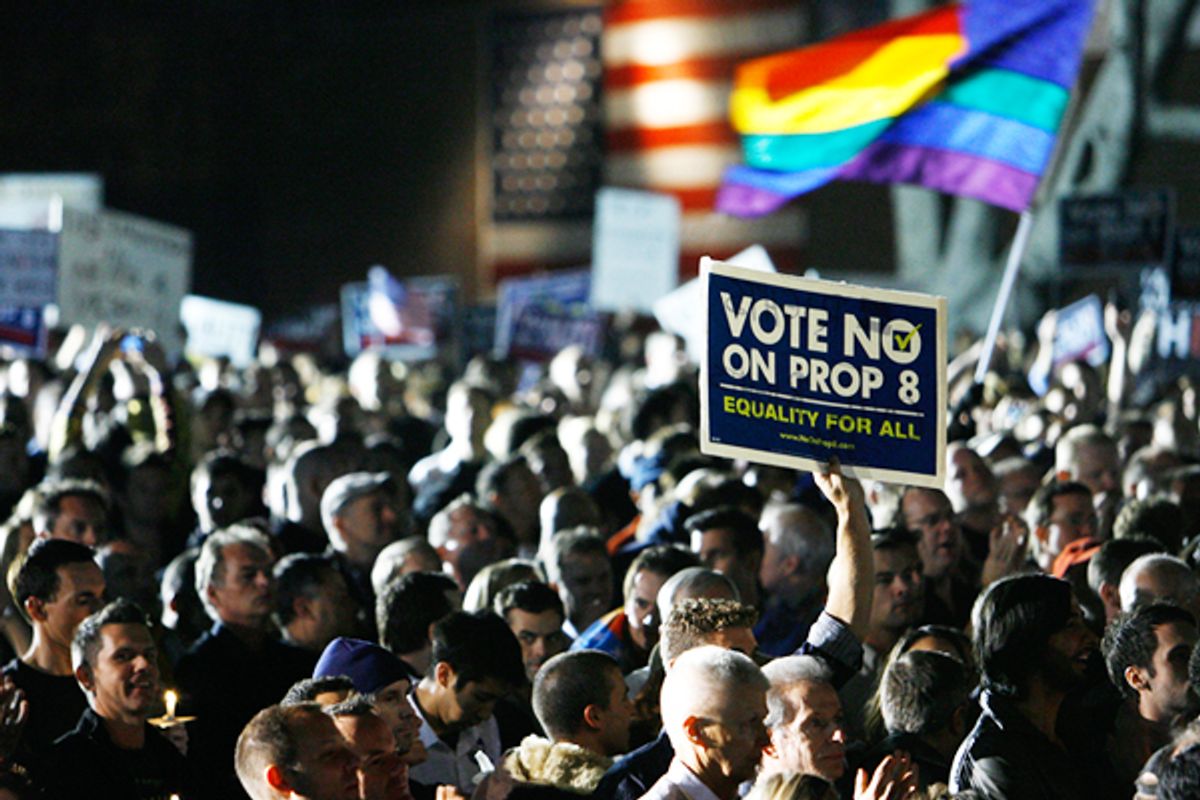 Supporters gather during a "No on Prop 8" rally in West Hollywood.       (Reuters/Mario Anzuoni)