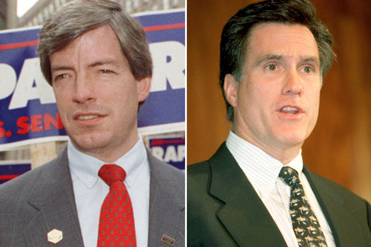 Jim Rappaport in 1990 and Mitt Romney in 2002.    (AP/Julia Malakie/Reuters/Molly Riley)