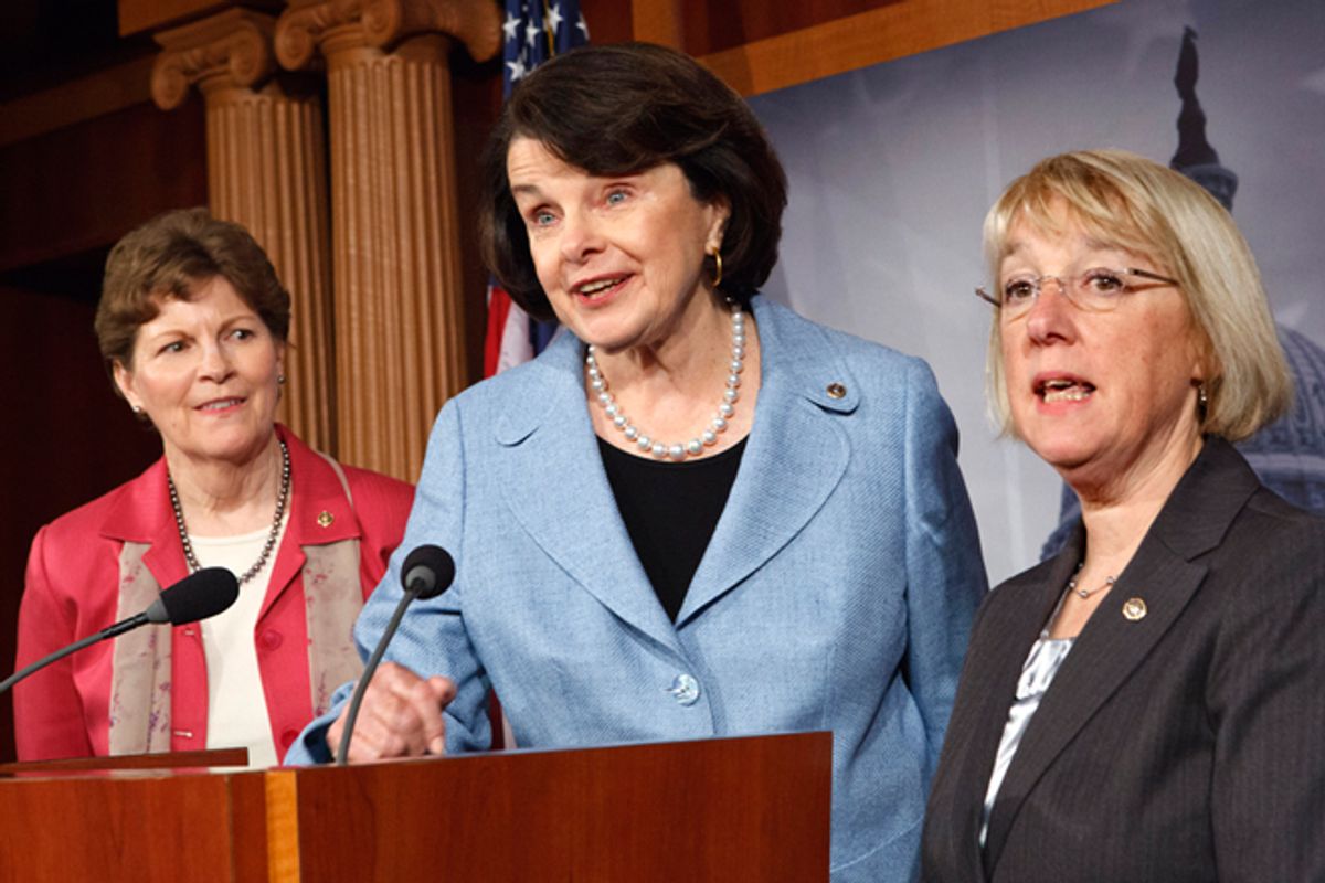 Sen. Jeanne Shaheen, D-N.H., Sen. Dianne Feinstein, D-Calif., and Sen. Patty Murray, D-Wash., talk to reporters about reauthorization of the Violence Against Women Act on Wednesday, April 18, 2012    (AP/J. Scott Applewhite)