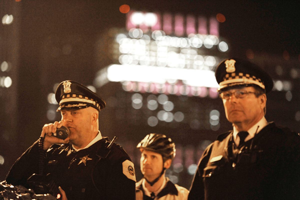 Chicago police officers during an Occupy Chicago march last October.         (AP/Paul Beaty)
