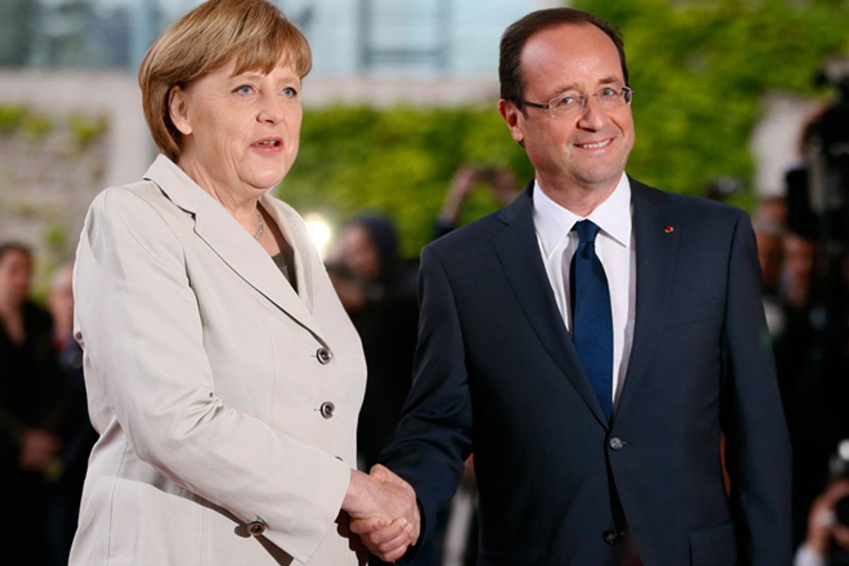 Angela Merkel and Francois Hollande in Berlin on Tuesday,        (Reuters/Fabrizio Bensch)