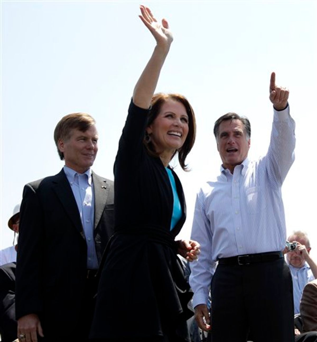 Republican presidential candidate, former Massachusetts Gov. Mitt Romney, right, Rep. Michele Bachmann, R-Minn., and Virginia Gov. Bob McDonnell, arrive at a campaign stop in Portsmouth, Va., Thursday, May 3, 2012. (AP Photo/Jae C. Hong)                 (AP)