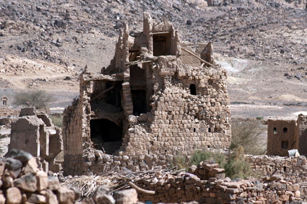 Destroyed houses in the mountainous area of Arhab, north of Sanaa, Yemen.     (Reuters/Mohamed al-Sayaghi)