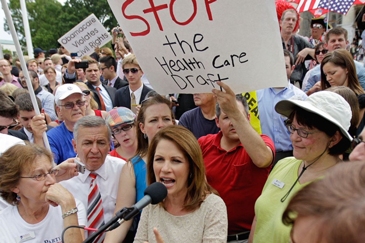Michele Bachmann speaks outside the Supreme Court after the court's ruling on President Obama's health care law was announced on Thursday.       (AP/David Goldman)