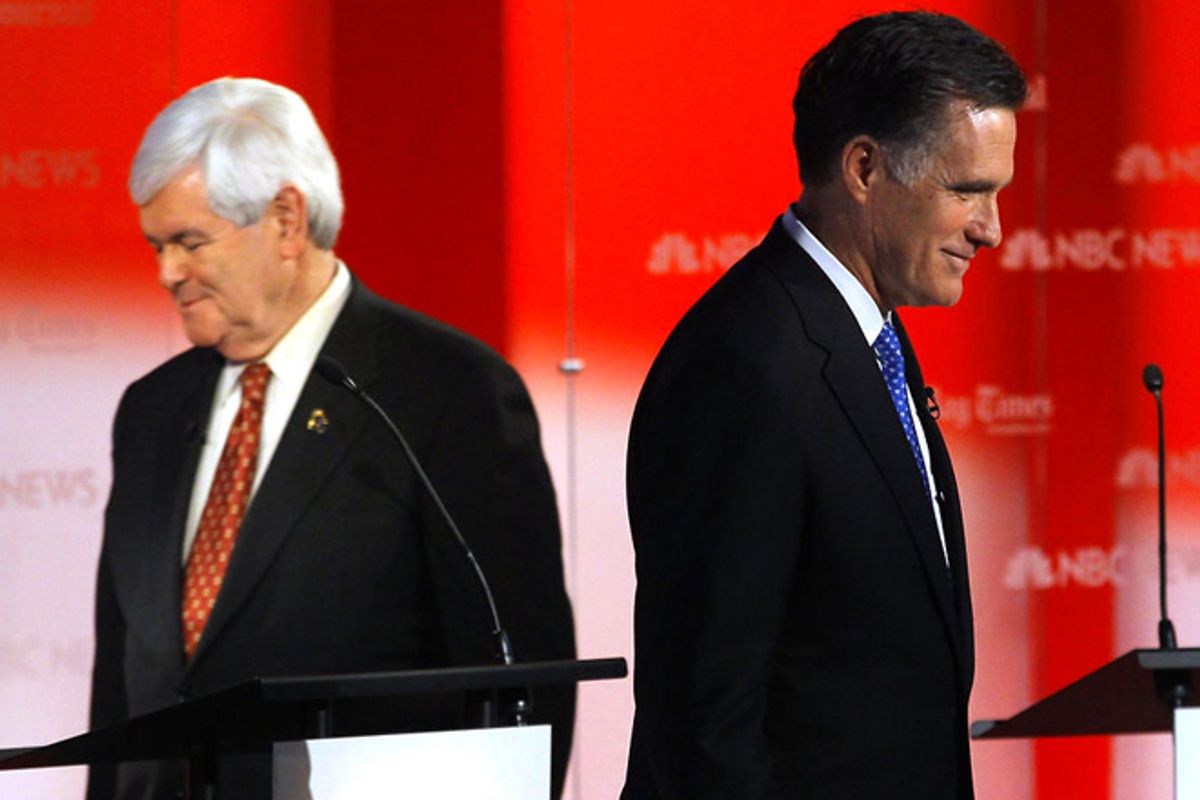 Newt Gingrich and Mitt Romney       (Reuters/Brian Snyder)