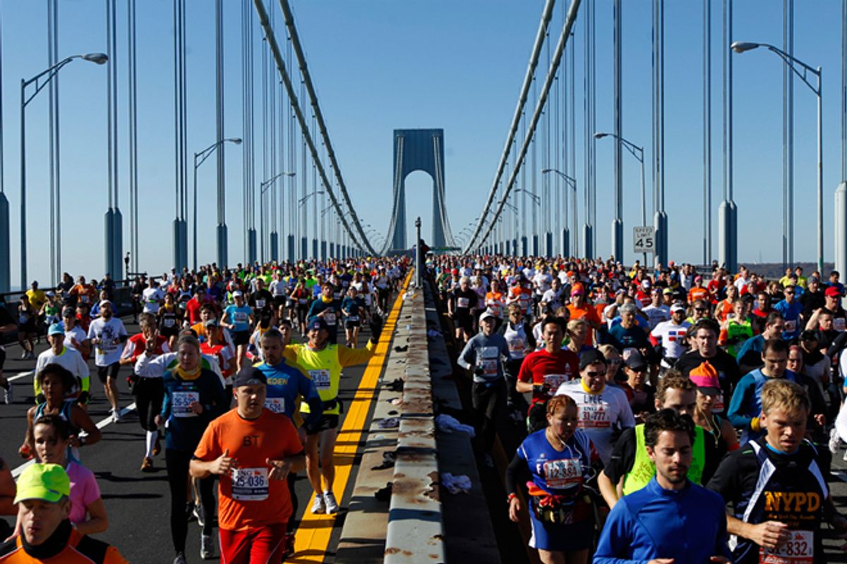 Runners cross the Verrazano-Narrows Bridge after the start of the New York City Marathon.   (Reuters/Brendan McDermid)