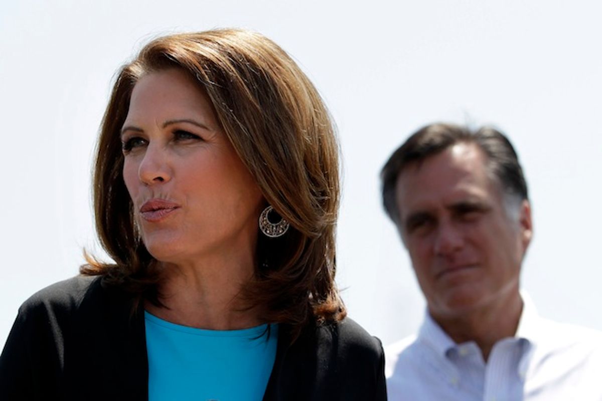 Rep. Michele Bachmann introduces Mitt Romney at a campaign stop in Portsmouth, Va., May 3, 2012.                (AP/Jae C. Hong)