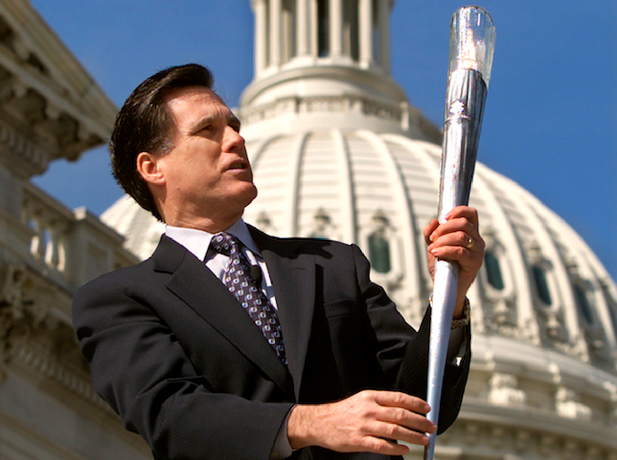 Mitt Romney unveils the Olympic Torch for the 2002 Olympic Winter Games on Feb. 21, 2001.      (Reuters/Kevin Lamarque)