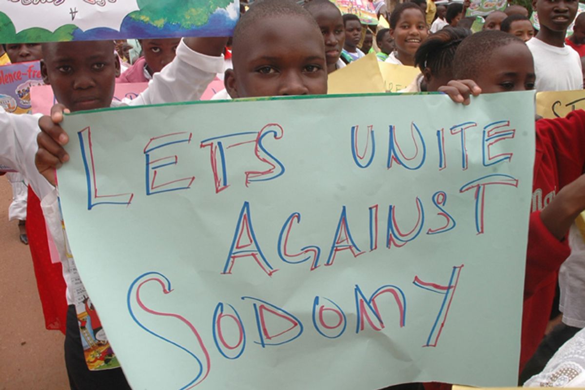 Ugandan children demonstrating against homosexuality in the capital city of Kampala.      (AP/Stephen Wandera)