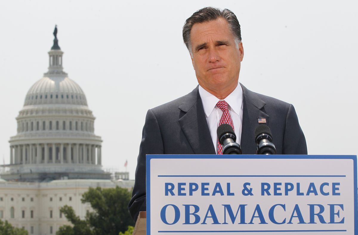 With the Capitol in the background, Republican presidential candidate, former Massachusetts Gov. Mitt Romney speaks about the Supreme Court's health care ruling, Thursday, June 28, 2012, in Washington. (AP Photo/Charles Dharapak)          (Associated Press)