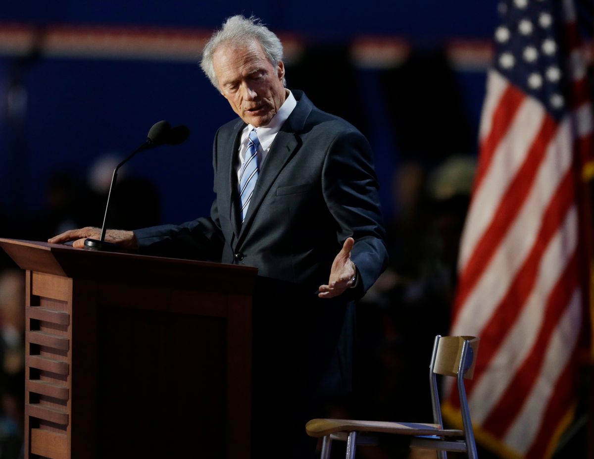 Actor Clint Eastwood speaks to an empty chair while addressed delegates during the Republican National Convention in Tampa, Fla., on Thursday, Aug. 30, 2012. (AP Photo/Lynne Sladky)   (Lynne Sladky)