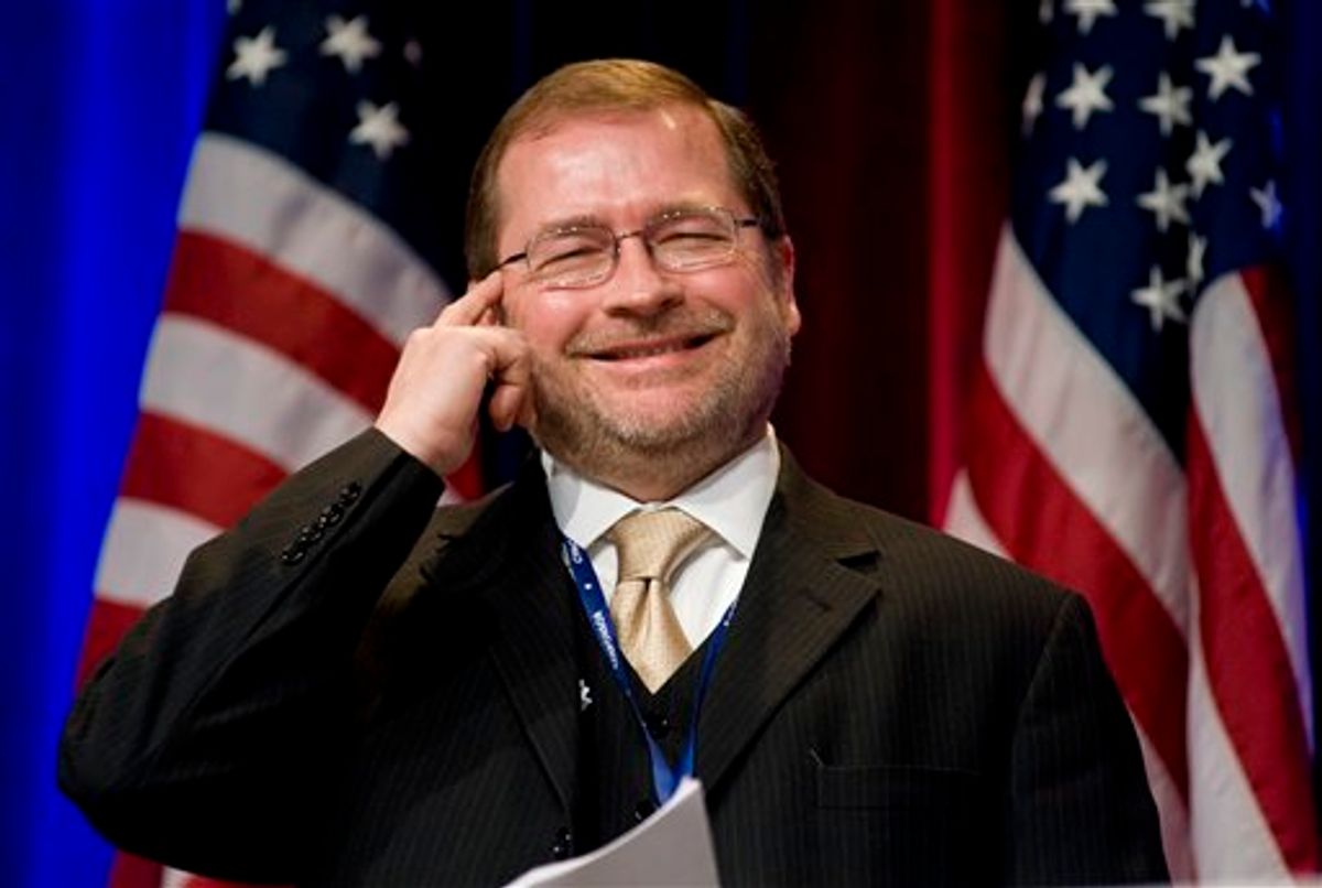 Americans for Tax Reform President Grover Norquist jokes around as he is introduced.  (AP Photo/Cliff Owen, File)                      (Associated Press)