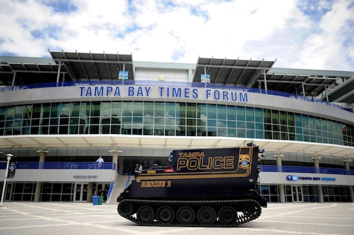 A Tampa police armored vehicle is parked outside The Tampa Bay Times Forum in downtown Tampa, Florida August 3, 2012.  The Republican National Convention will be held at the Forum from August 27 to August 30, 2012.    (Reuters/Brian Blanco)