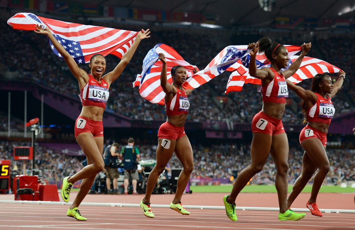 Allyson Felix (L-R), Carmelita Jeter, Tianna Madison and Bianca Knight of the U.S. celebrate after winning gold in the women's 4x100m relay. (Reuters/Dylan Martinez)