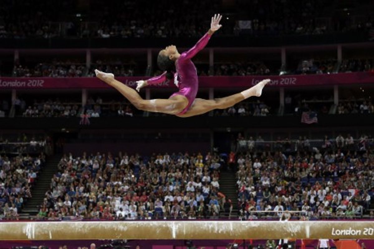 U.S. gymnast Gabrielle Douglas during the artistic gymnastics women's individual all-around competition at the 2012 Summer Olympics, Thursday, Aug. 2, 2012, in London. (AP Photo/Gregory Bull) 
    (Gregory Bull)