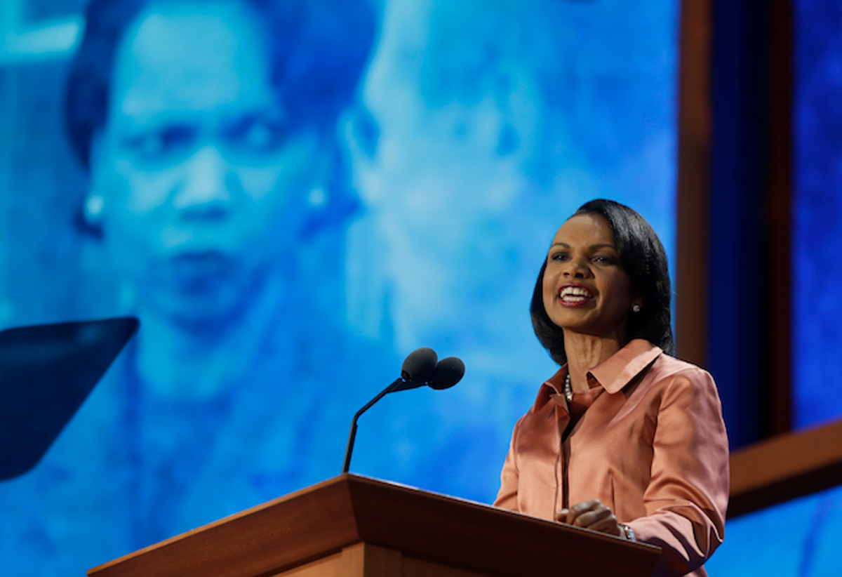 Former Secretary of State Condoleezza Rice addresses the Republican National Convention in Tampa, Fla., on Wednesday, Aug. 29, 2012.        (AP Photo/Charles Dharapak)