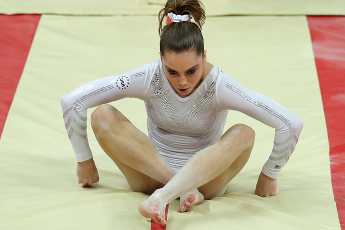 U.S. gymnast McKayla Maroney botches her landing during the artistic gymnastics women's vault final at the 2012 Summer Olympics on Sunday.         (AP/Gregory Bull)