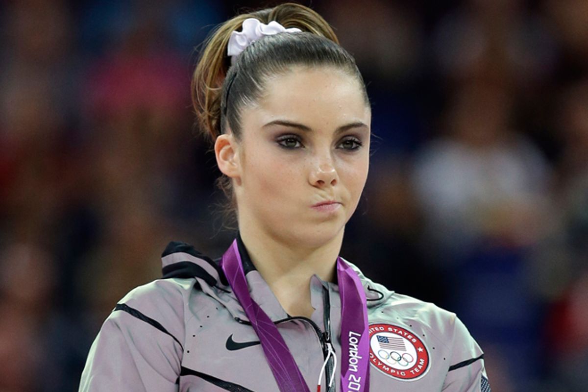 McKayla Maroney during the podium ceremony for the artistic gymnastics women's vault finals at the 2012 Summer Olympics on Sunday, Aug. 5.        (AP/Julie Jacobson)