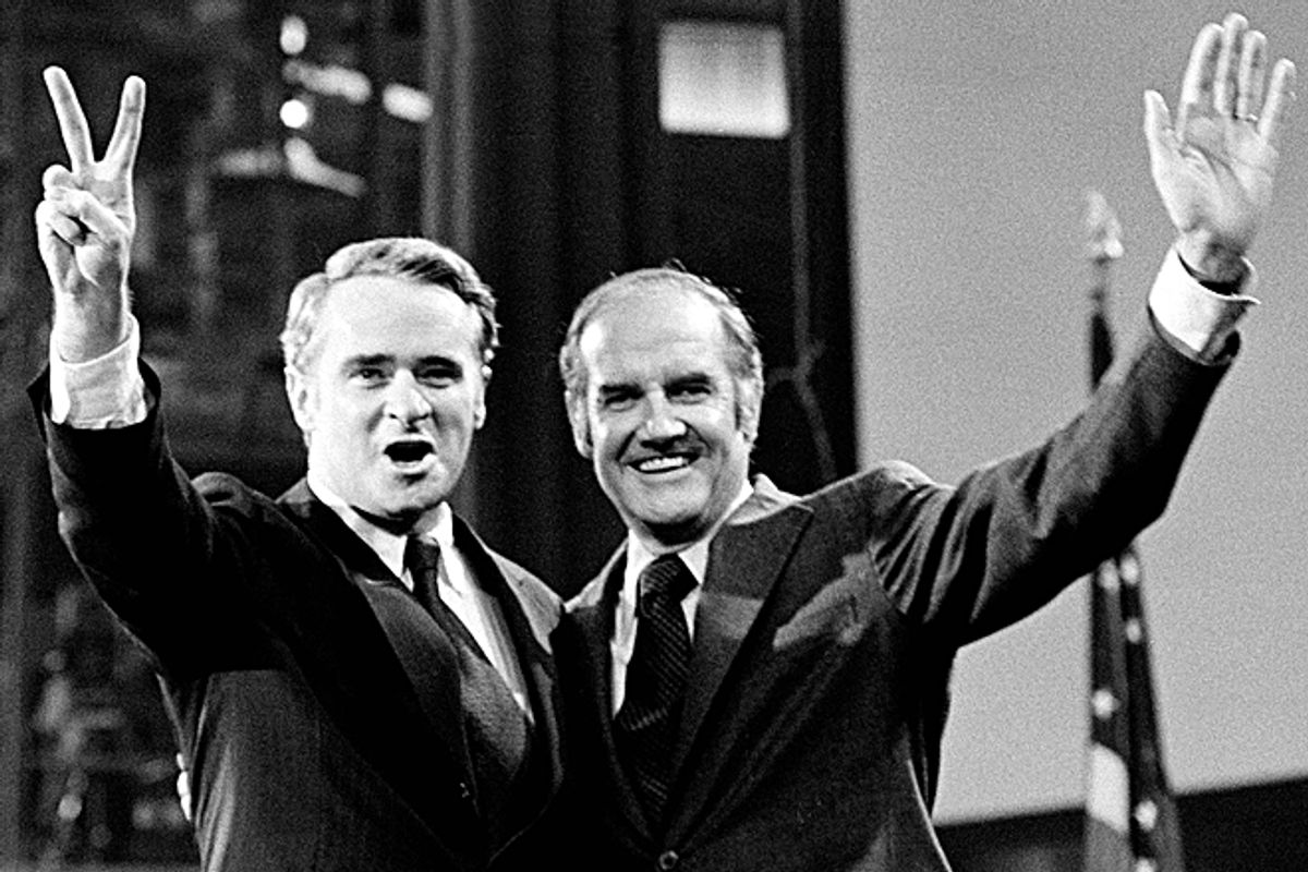 Then- U.S. Sen. Thomas F. Eagleton, left, and then-Sen. George S. McGovern, the presidential candidate, stand before the Democratic National Convention.   (AP)