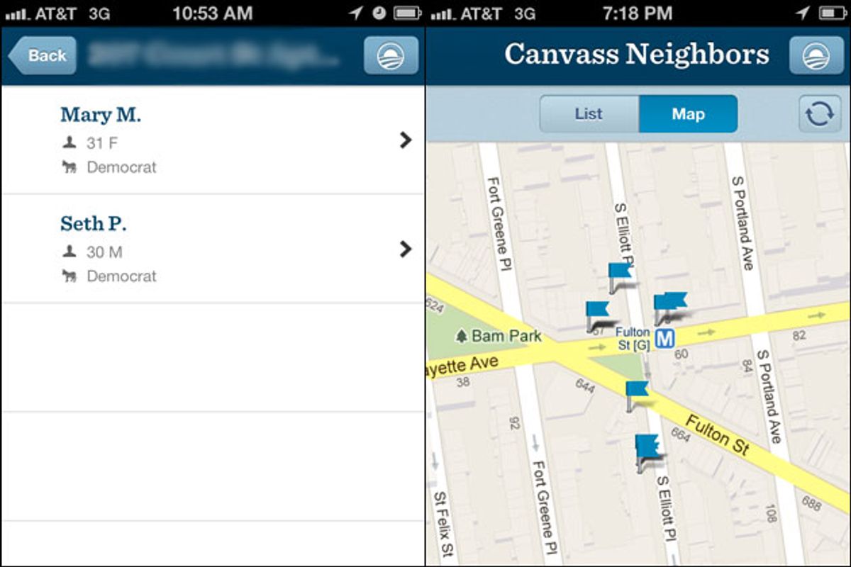Screenshots taken from two different searches of the Obama for America app, which displays the names and addresses of nearby Democratic voters.         