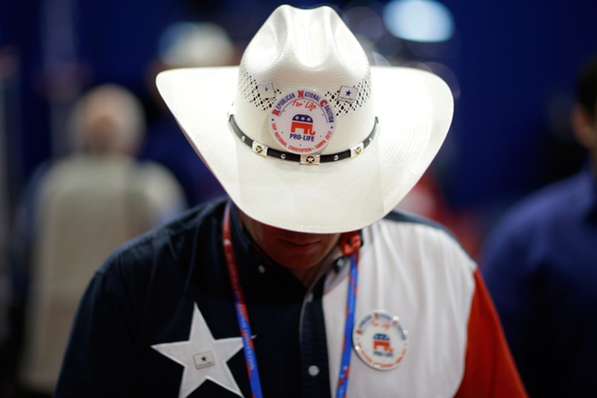 A Texas delegate on the floor of the Republican National Convention in Tampa, Fla.       (AP/David Goldman)