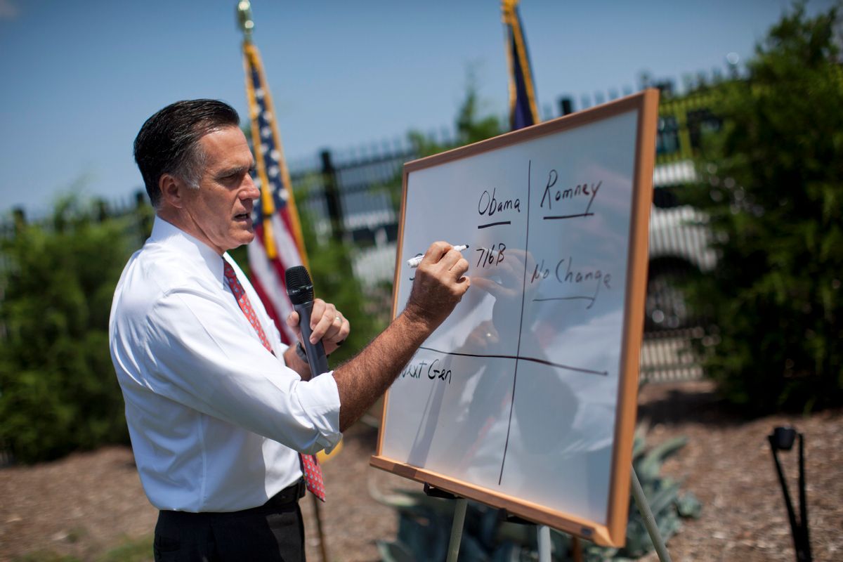 Mitt Romney writes on a white board as he talks about Medicare during a news conference in Greer, S.C., in August.    (AP Photo/Evan Vucci)