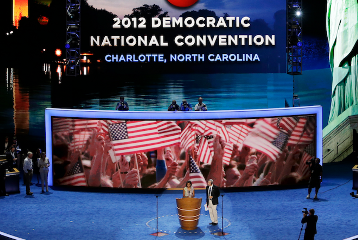 First Lady Michelle Obama performs a sound check on the main stage for the Democratic National Convention in Charlotte, N.C., on Monday, Sept. 3, 2012. 
  (AP Photo/Lynne Sladky)