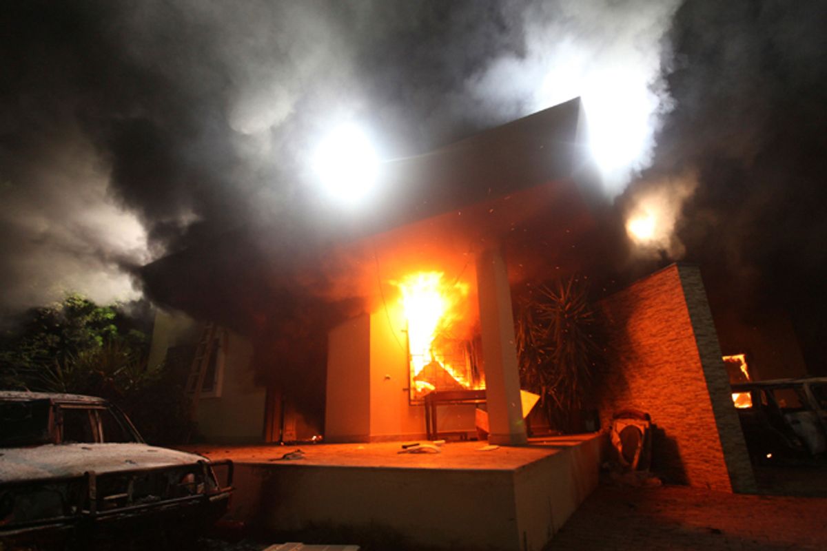 The U.S. Consulate in Benghazi is seen in flames during a protest by an armed group said to have been protesting a film being produced in the United States September 11, 2012.         (Reuters/Esam Al-fetori)