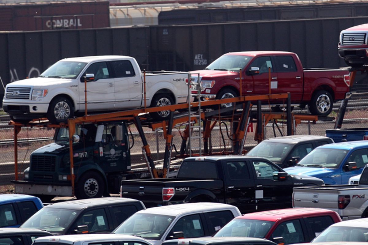 Newly assembled Ford F150 pick-up trucks in Dearborn, Mich. (Reuters/Rebecca Cook)