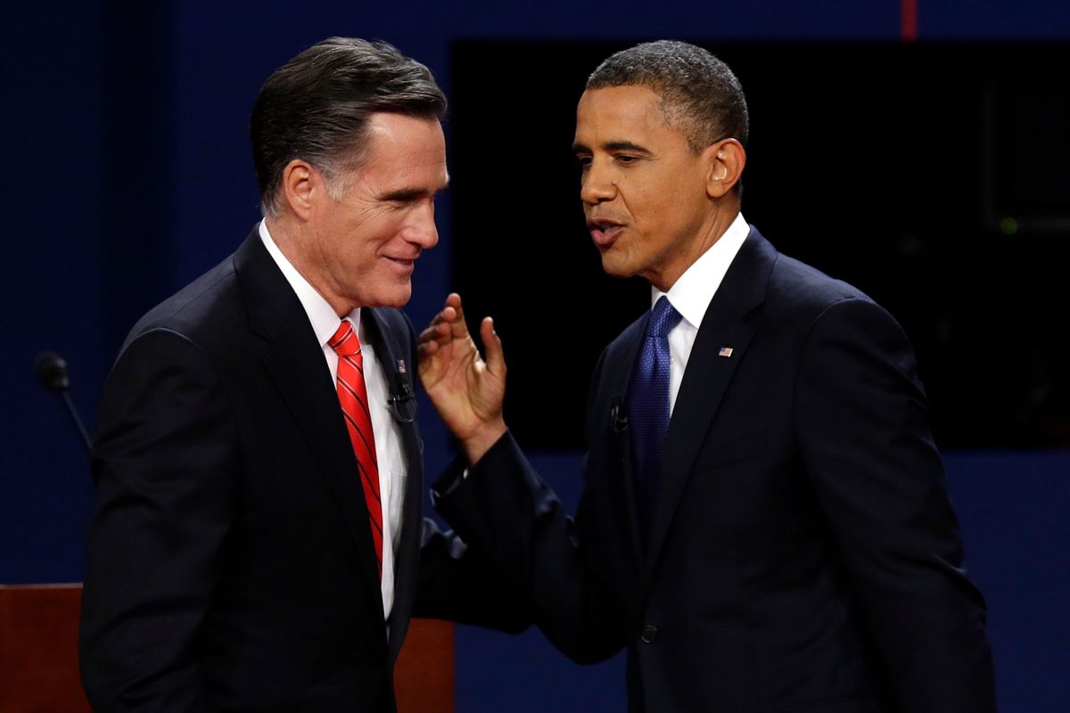 Republican presidential nominee Mitt Romney and President Barack Obama  talk after the first presidential debate.                   (AP/Charlie Neibergall)