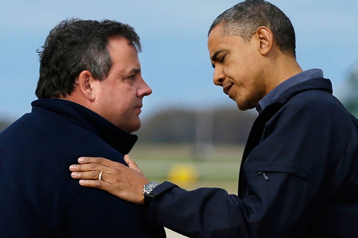 President Obama is greeted by New Jersey Gov. Chris Christie upon his arrival in Atlantic City on Wednesday.         (AP/Pablo Martinez Monsivais)