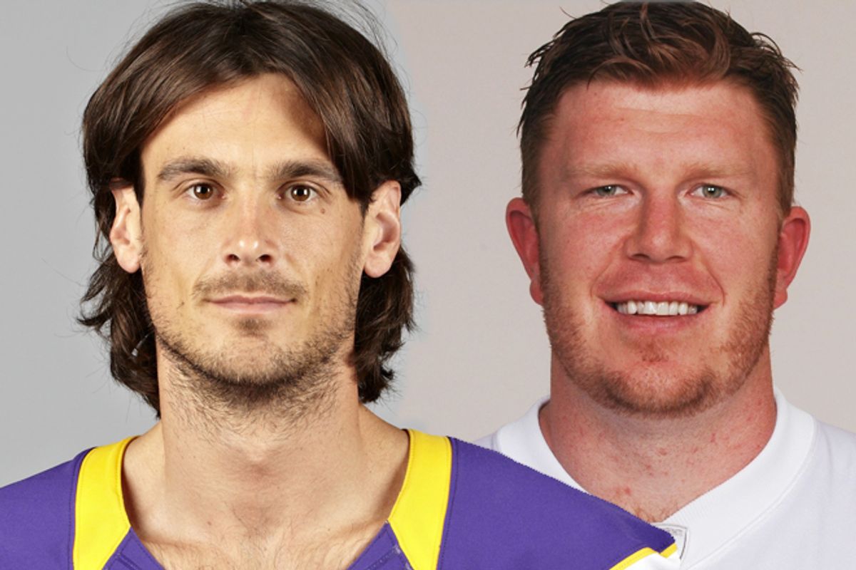 From left: Minnesota Vikings punter Chris Kluwe and Baltimore Ravens center Matt Birk.          (AP)