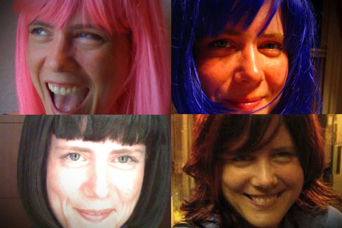 Photos of the author in four different wigs.