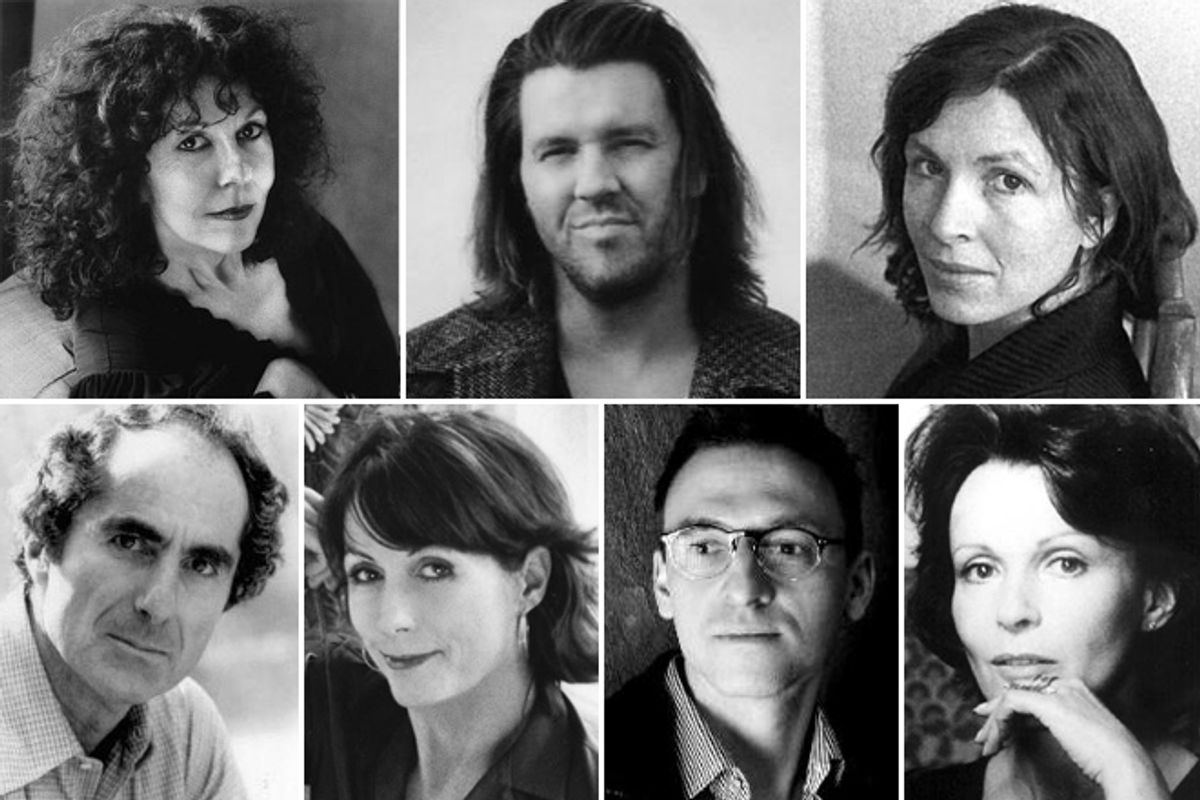 Clockwise from top left: Catherine Texier, David Foster Wallace, Rachel Cusk, Claire Bloom, Benjamin Anastas, Mary Karr, Philip Roth       