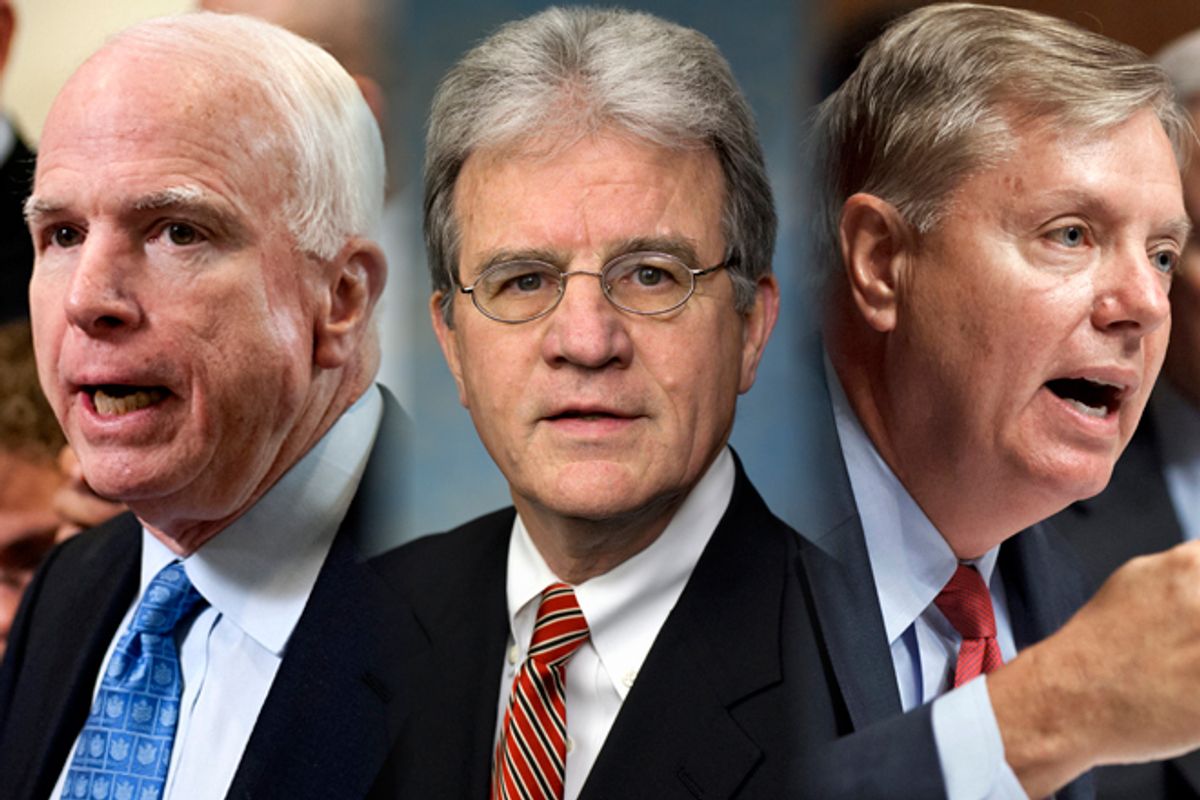 Sen. John McCain, R-Arizona; Sen. Tom Coburn, R-Oklahoma; Sen. Lindsey Graham, R-South Carolina  (AP/Cliff Owen/J. Scott Applewhite)