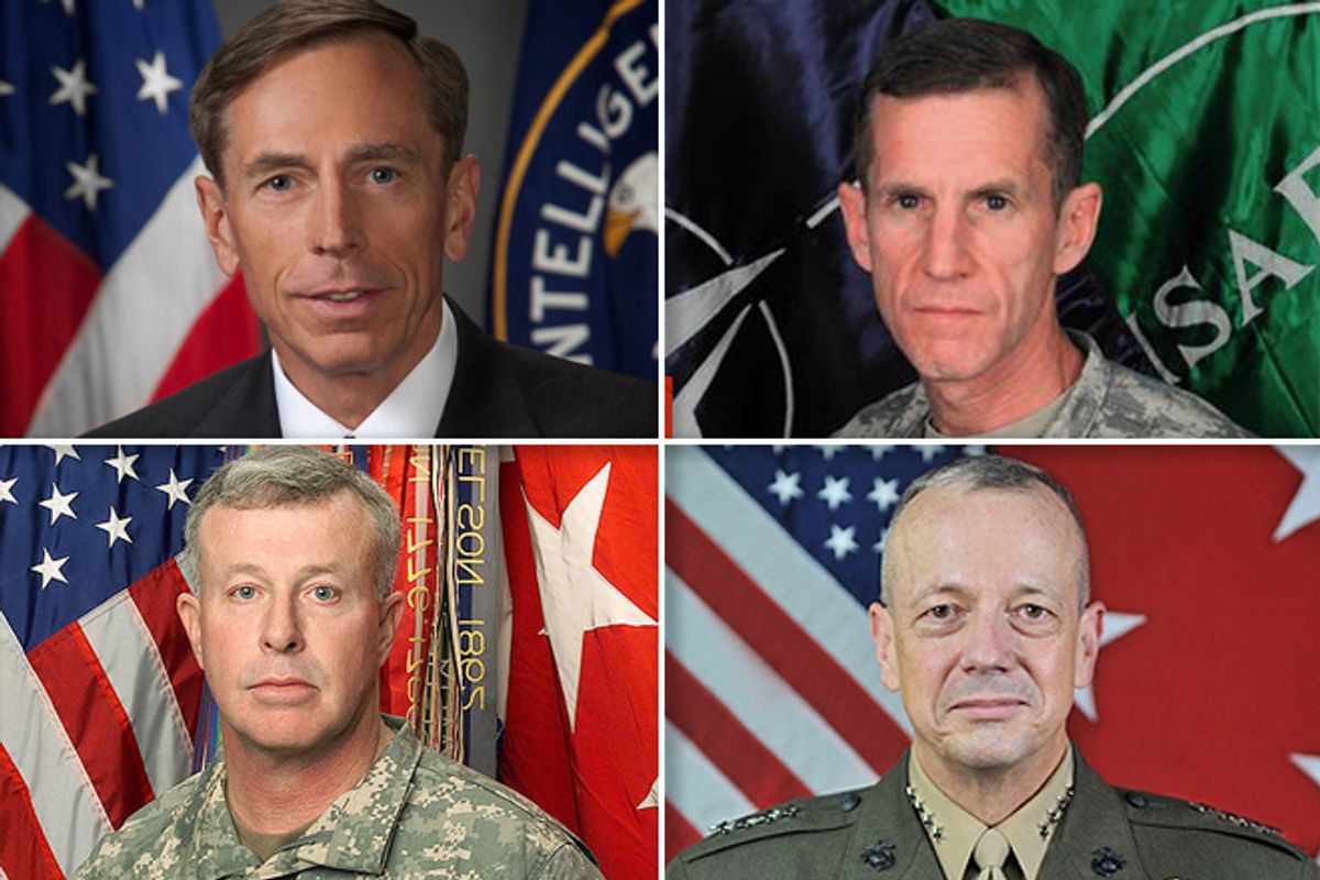 Clockwise from upper left: David Petraeus, Stanley A. McChrystal, John R. Allen and David D. McKiernan

   