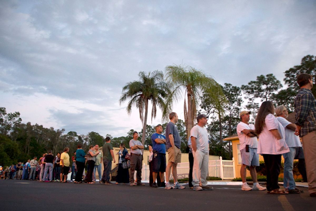 Voters stand in line at a Fort Myers, Fla., church late Tuesday, Nov. 6, 2012.           (AP/J Pat Carter)