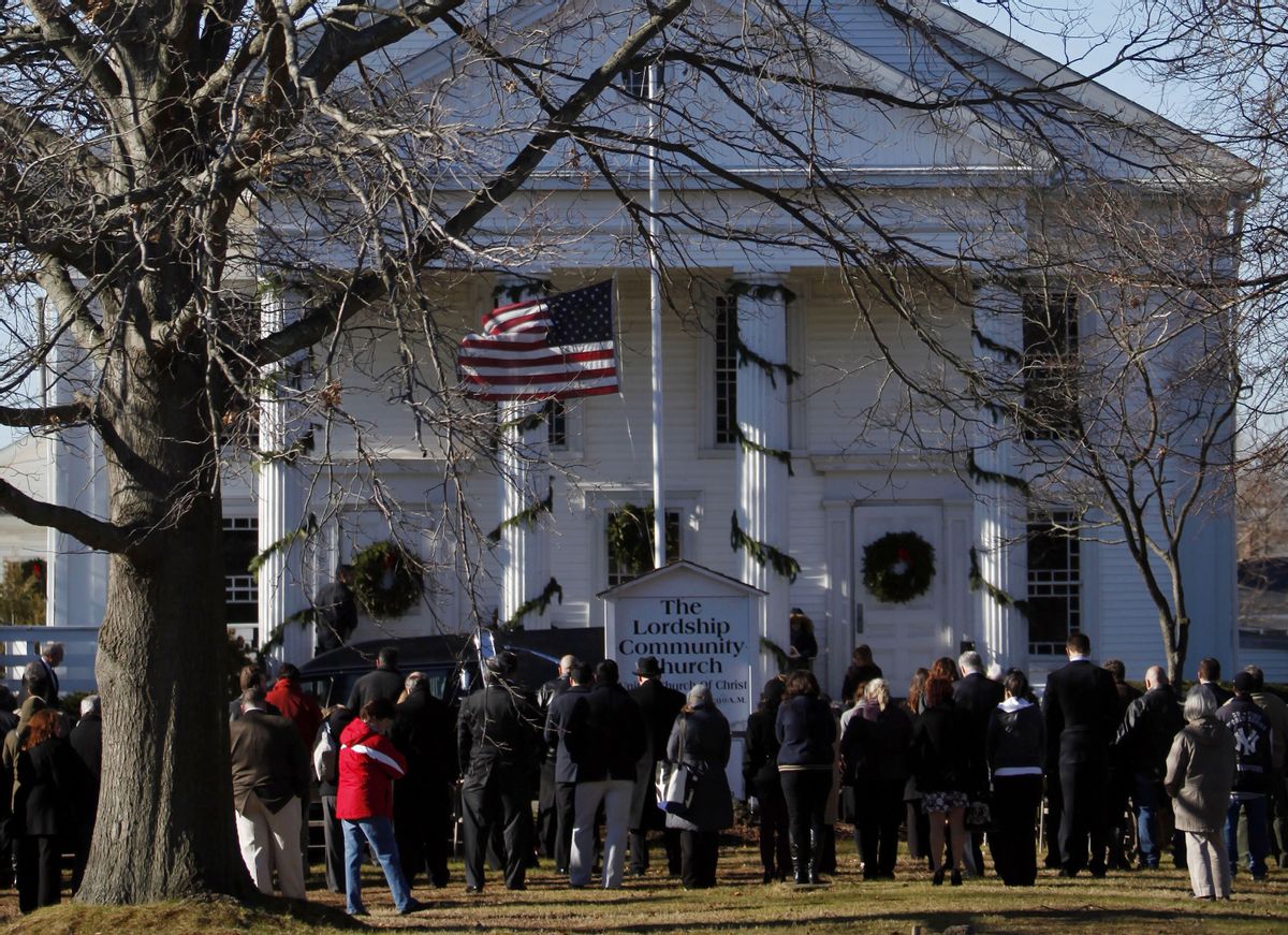 Mourners listen to the funeral service of Victoria Soto over loudspeakers in an overflow area outside Lordship Community Church.      (AP/Jason DeCrow)