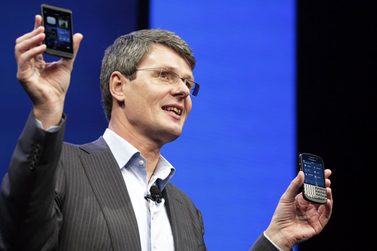 Thorsten Heins, CEO of Research in Motion, introduces the BlackBerry 10, Wednesday, Jan. 30, 2013 in New York.          (AP/Mark Lennihan)